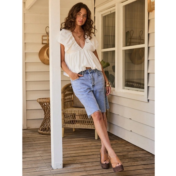 White Puff Top V-Neck Short Sleeve Tie Back Babydoll Style - Picture 4 of 8